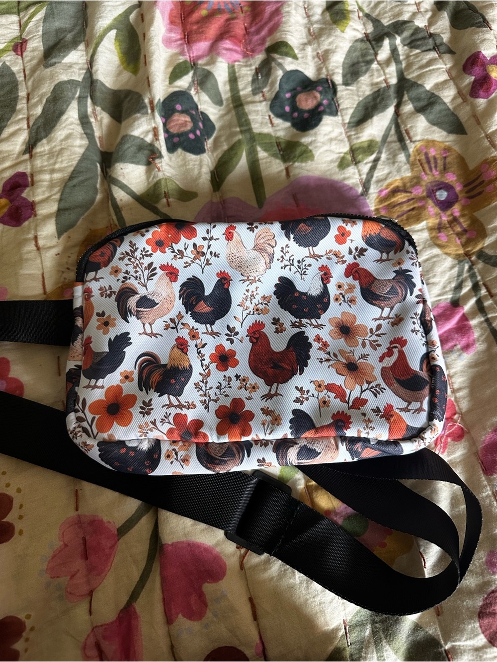 Pink Chicken Rooster Floral Crossbody Bag in White, Black, Red & Orange
